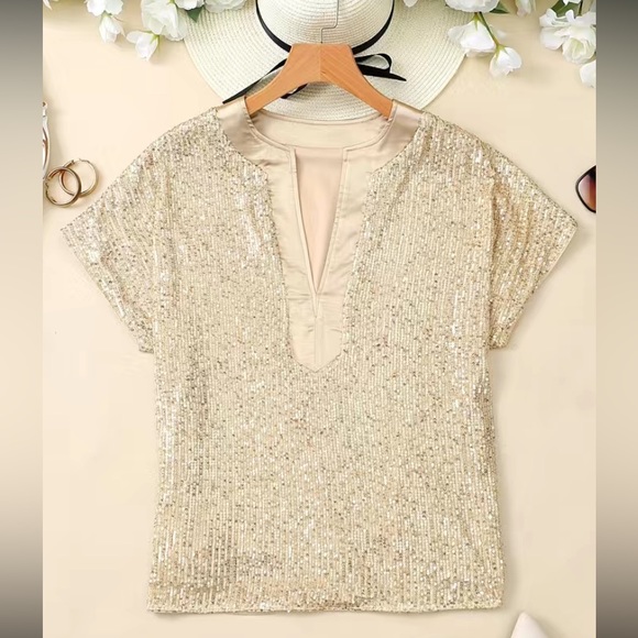 Luxe hold notched neck party sequins blouse - Picture 2 of 6